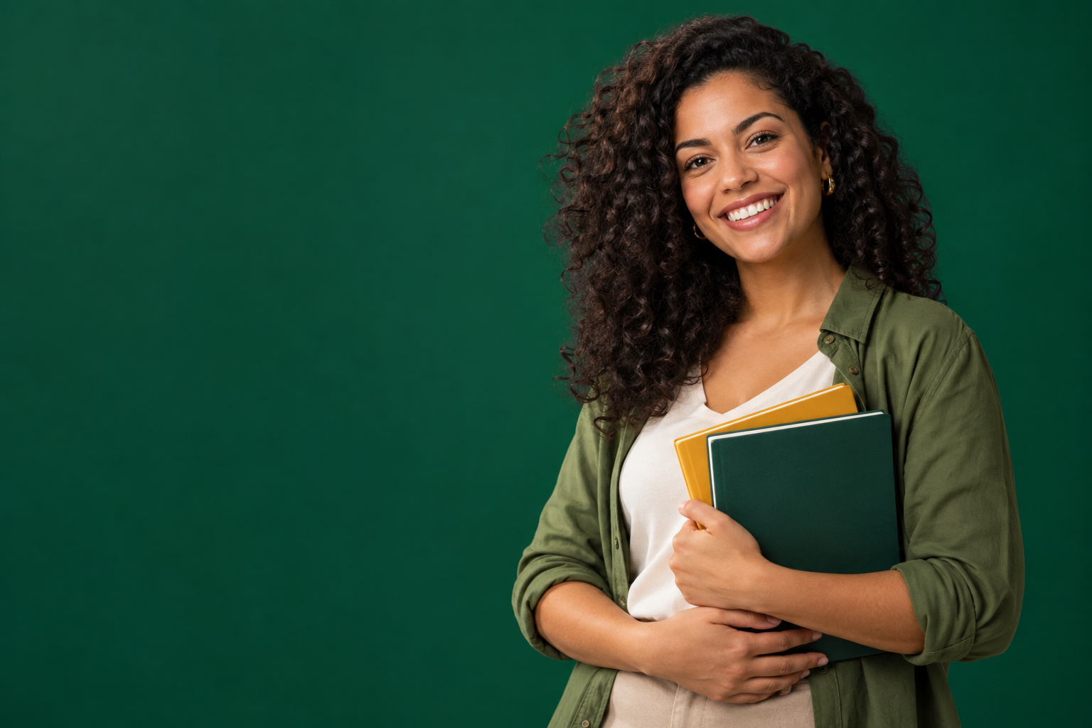 Estudante adulta sorrindo e segurando cadernos